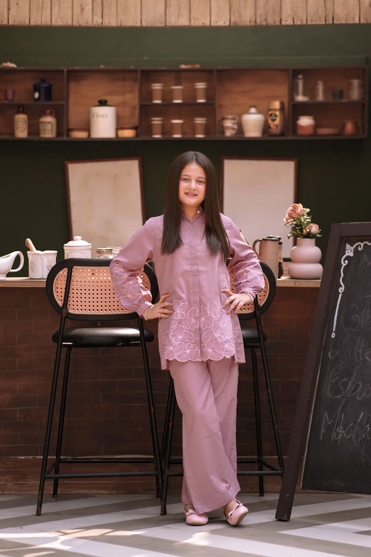 Lily girls mauve two-piece set with floral embroidery on a long-sleeved button-down shirt and matching trousers