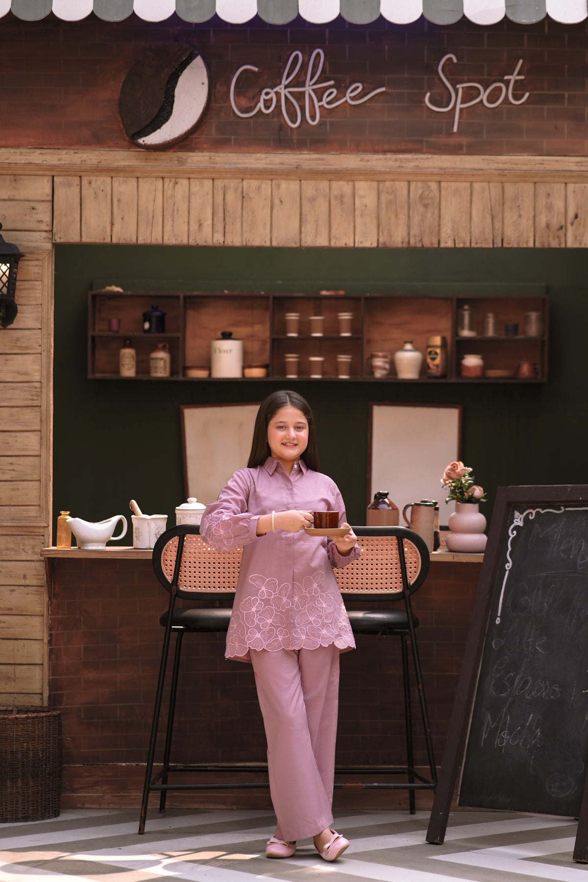 Lily girls mauve two-piece set with long-sleeved button-down shirt featuring floral embroidery and matching trousers.