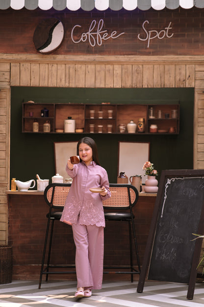 Lily girls mauve two-piece set with long-sleeved button-down shirt featuring floral embroidery and matching trousers.