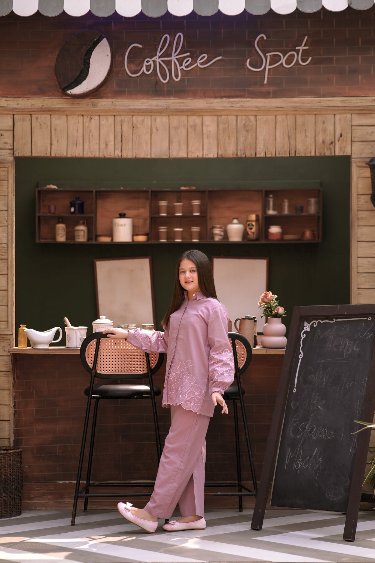 Lily girls mauve two-piece set with long-sleeved button-down shirt featuring floral embroidery and matching trousers.
