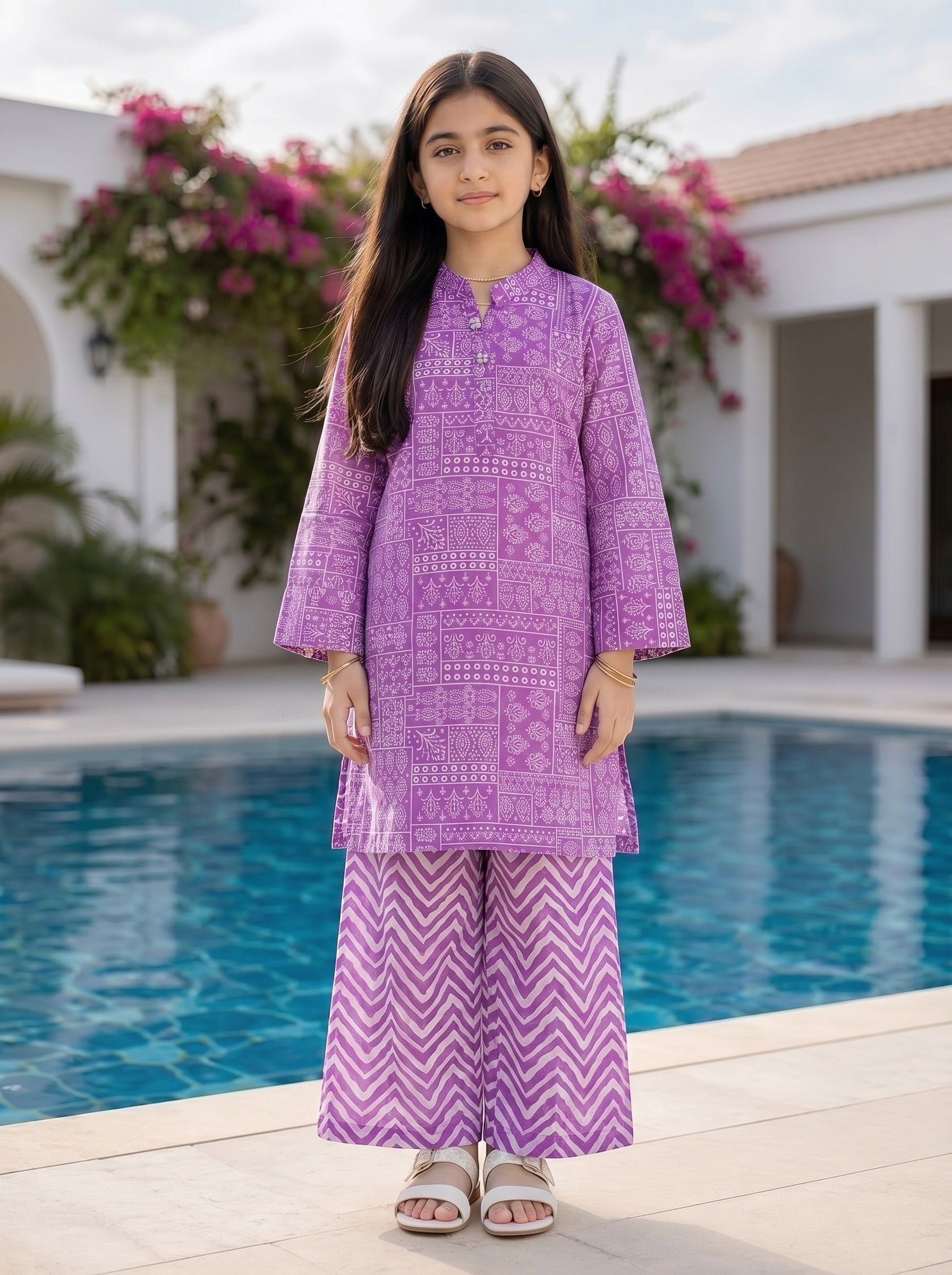 Lily girls purple block-print kurta and chevron trouser set worn by a girl standing by a pool.