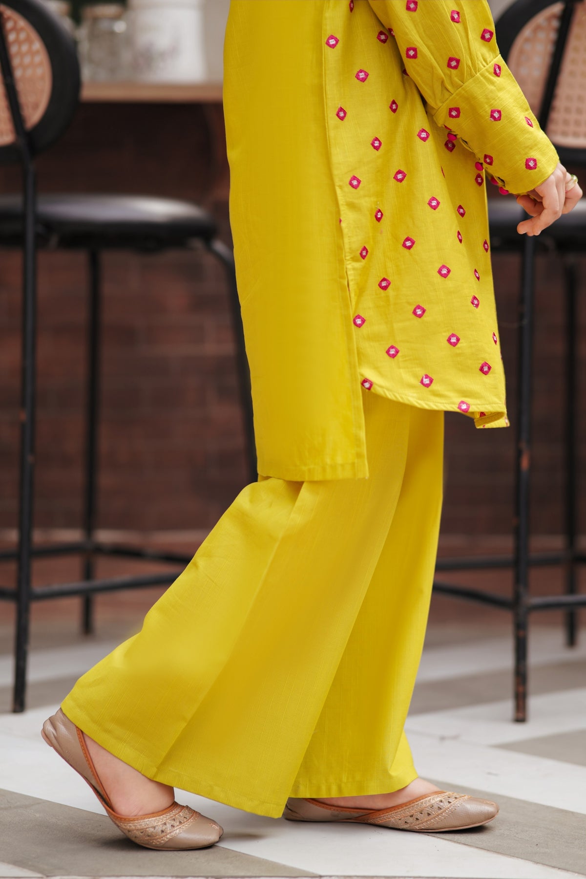 Lily girls yellow kurta and wide-leg trouser set with pink and white geometric embroidery and tassel detail