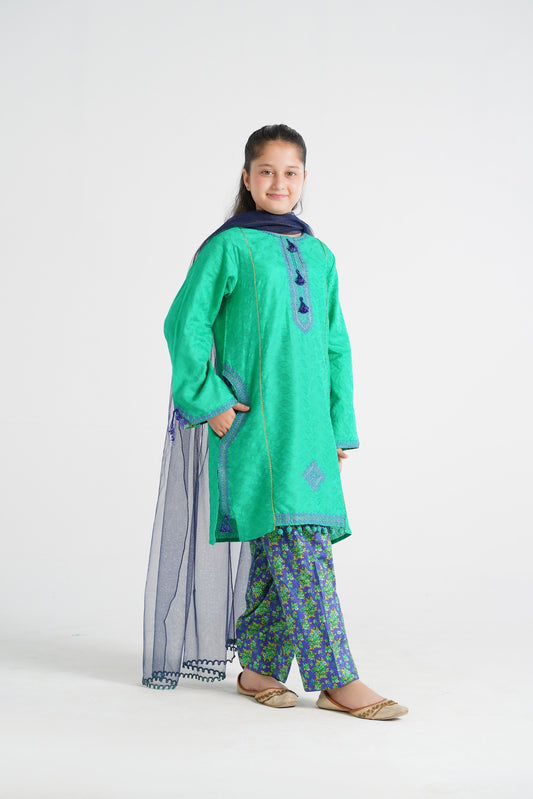 Lily green textured kurta with blue embroidery, tassels, printed pants, and navy dupatta for girls.