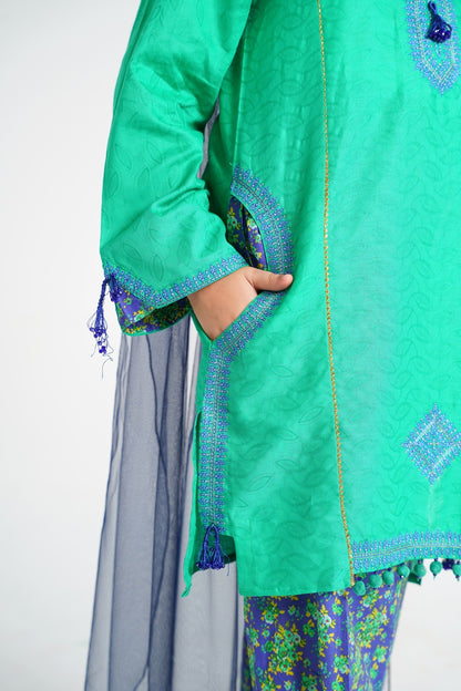 Lily green textured kurta with blue embroidery, tassels, printed pants, and navy dupatta for girls.