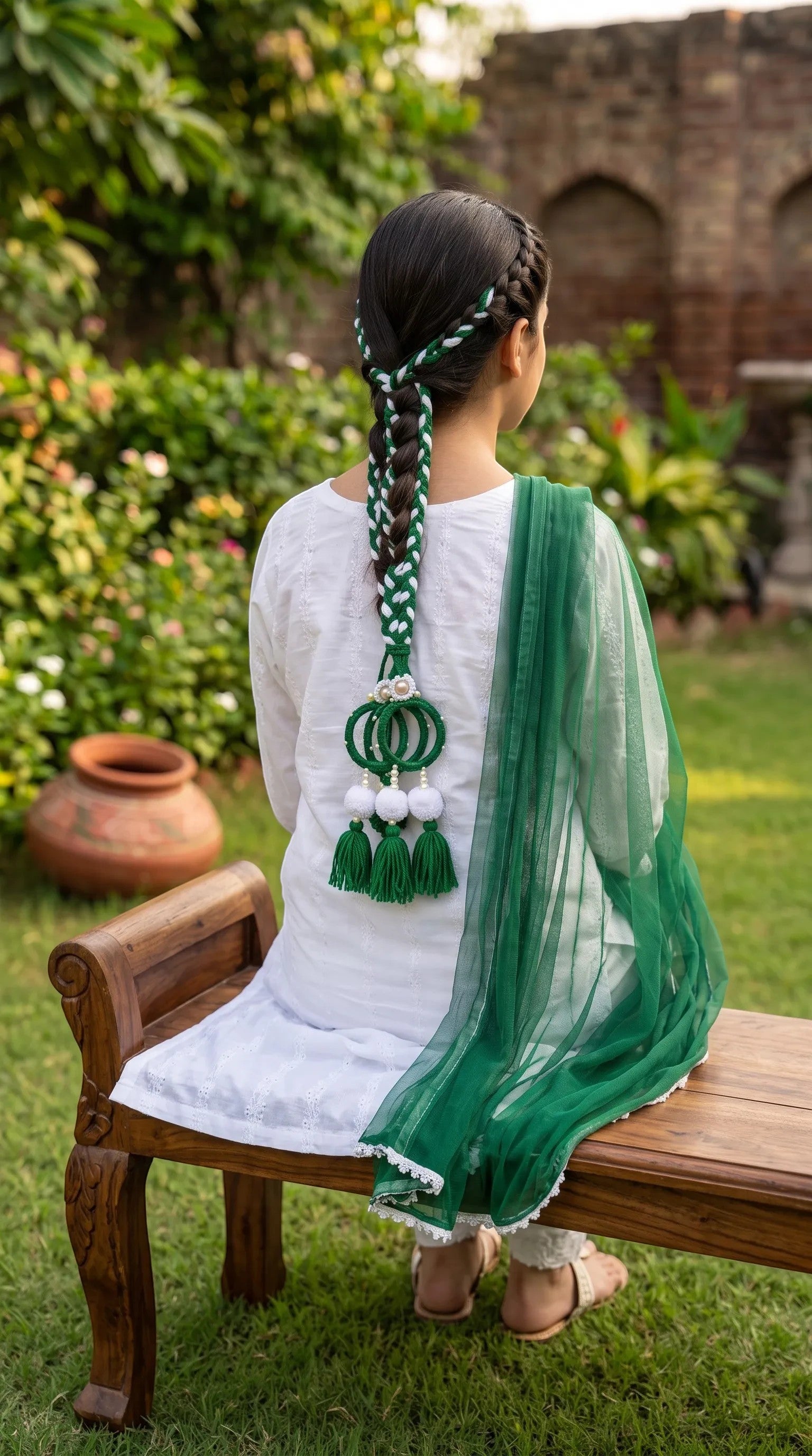 Lily Green Glory Traditional Paranda braided into hair with green and white threads, pom-poms, and tassels.
