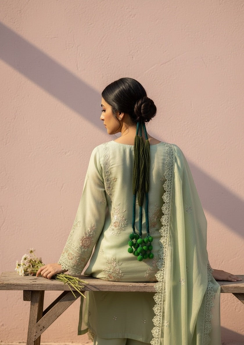 Lily green pom pom necklace with braided cord, worn by a woman in a light green embroidered outfit.