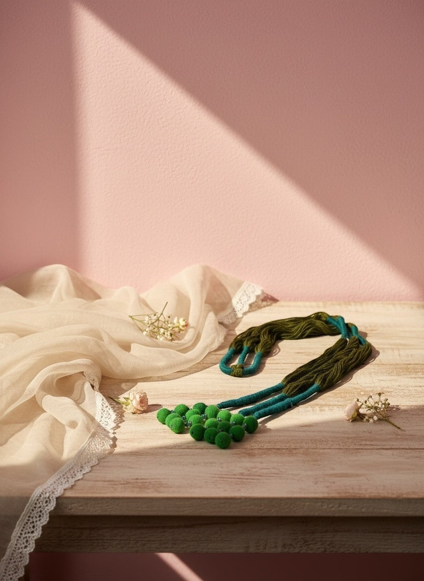 Lily handcrafted necklace with green pom-poms and braided teal & green cord. Artisanal ethnic jewelry.
