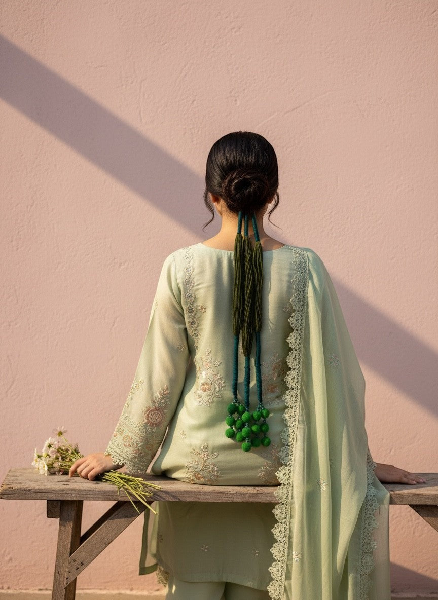 Lily green pom pom necklace with braided cord and teal accents, worn by a woman in a light green outfit.