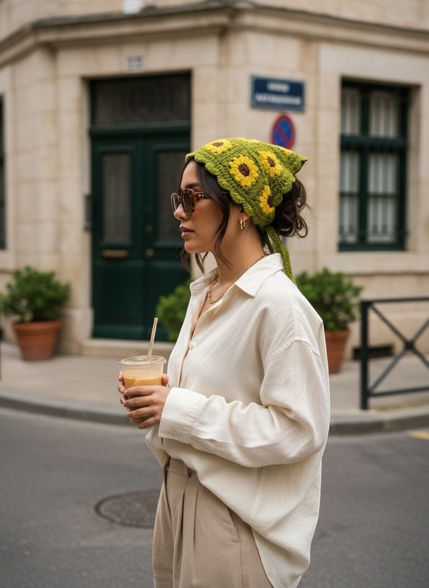 Lily green crochet hair bandana with yellow sunflower motifs worn by a woman in a white shirt on a city street