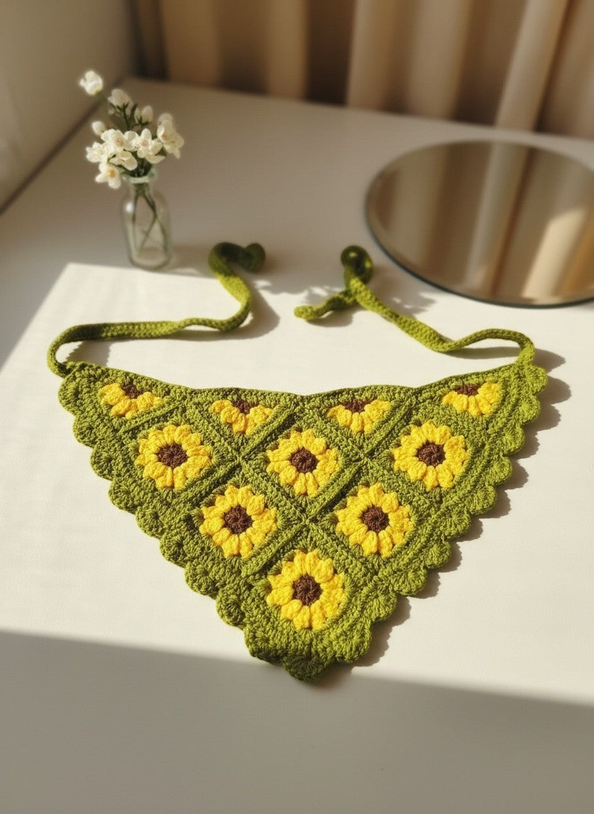 Lily crochet hair bandana in green with yellow sunflower motifs and adjustable tie-back closure