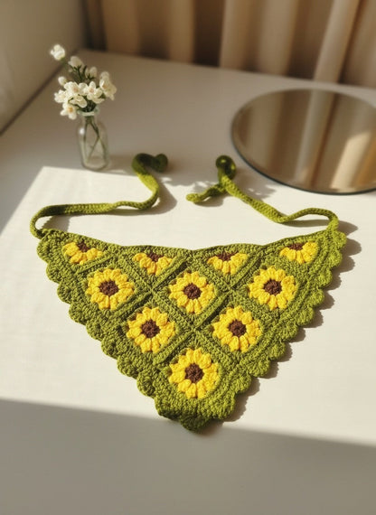 Lily crochet hair bandana in green with yellow sunflower motifs and adjustable tie-back closure