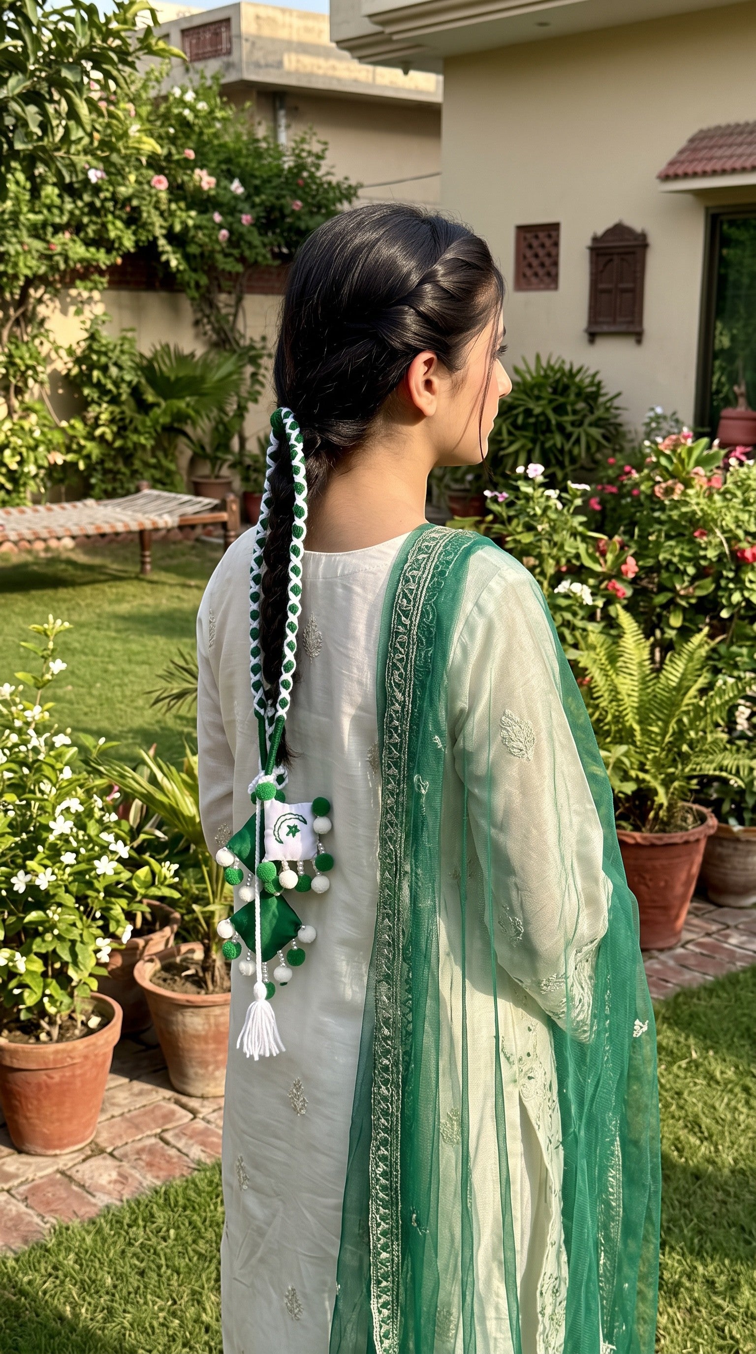 Lily green and white braided paranda hair accessory with pom-poms and crescent star emblem worn by a girl in a garden