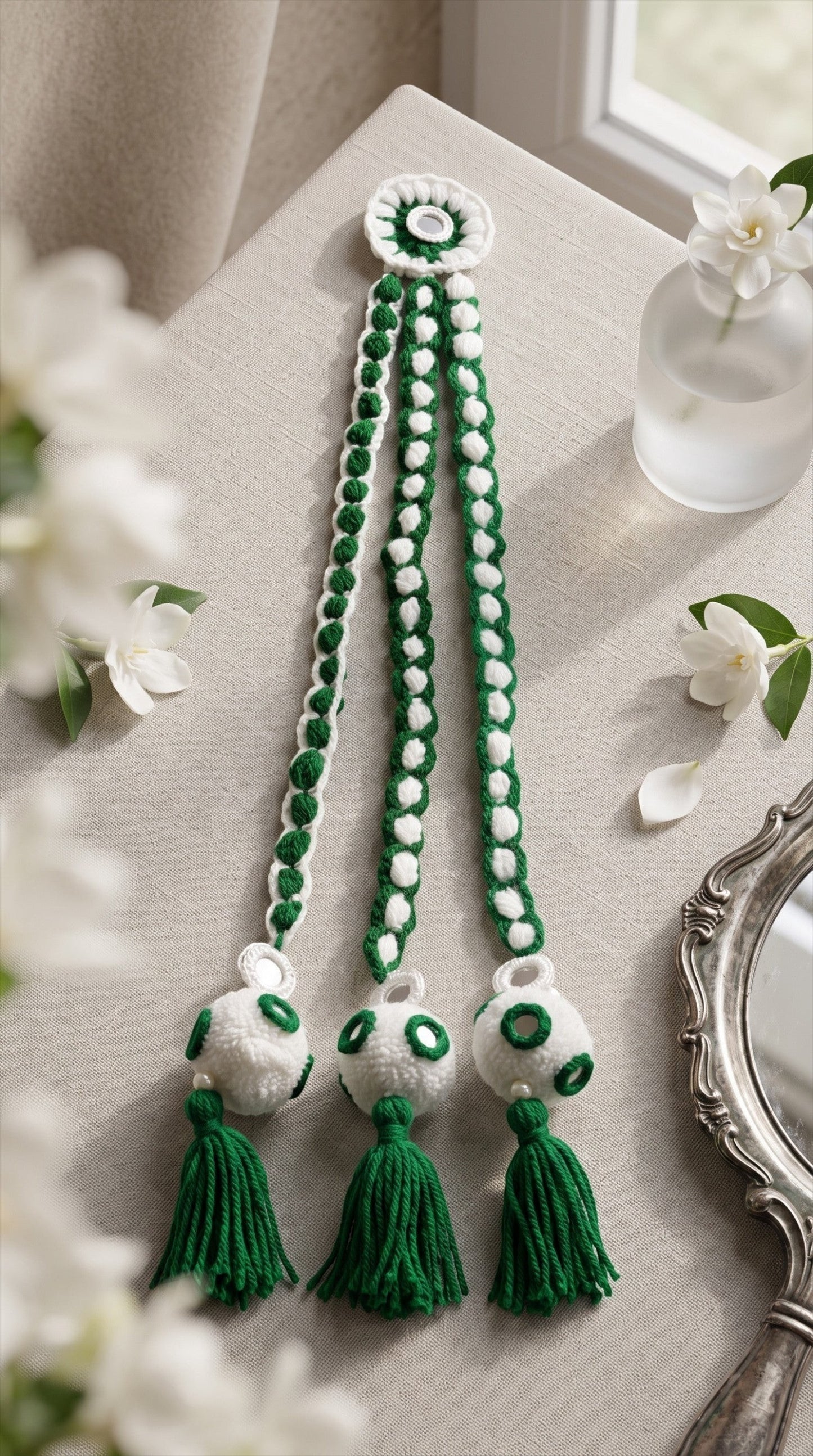 Lily Independence Day decorative hair braids in green and white crochet with mirror accents and soft yarn tassels.
