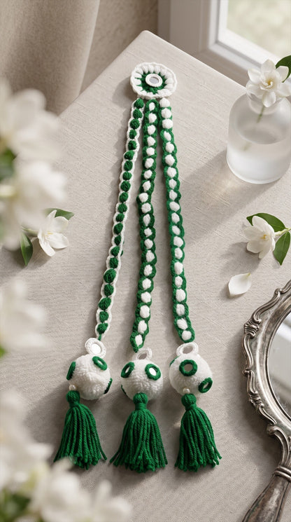 Lily Independence Day decorative hair braids in green and white crochet with mirror accents and soft yarn tassels.