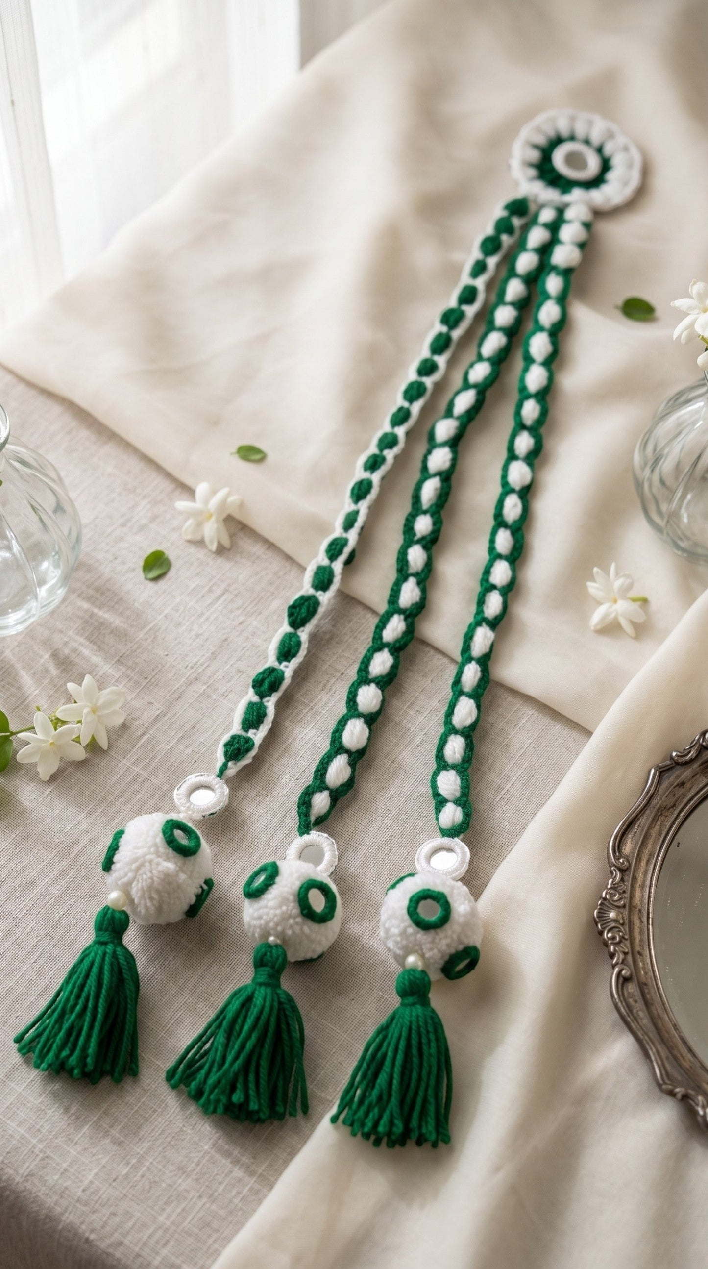 Lily Independence Day decorative hair braids in green and white crochet with mirror work and soft yarn tassels.