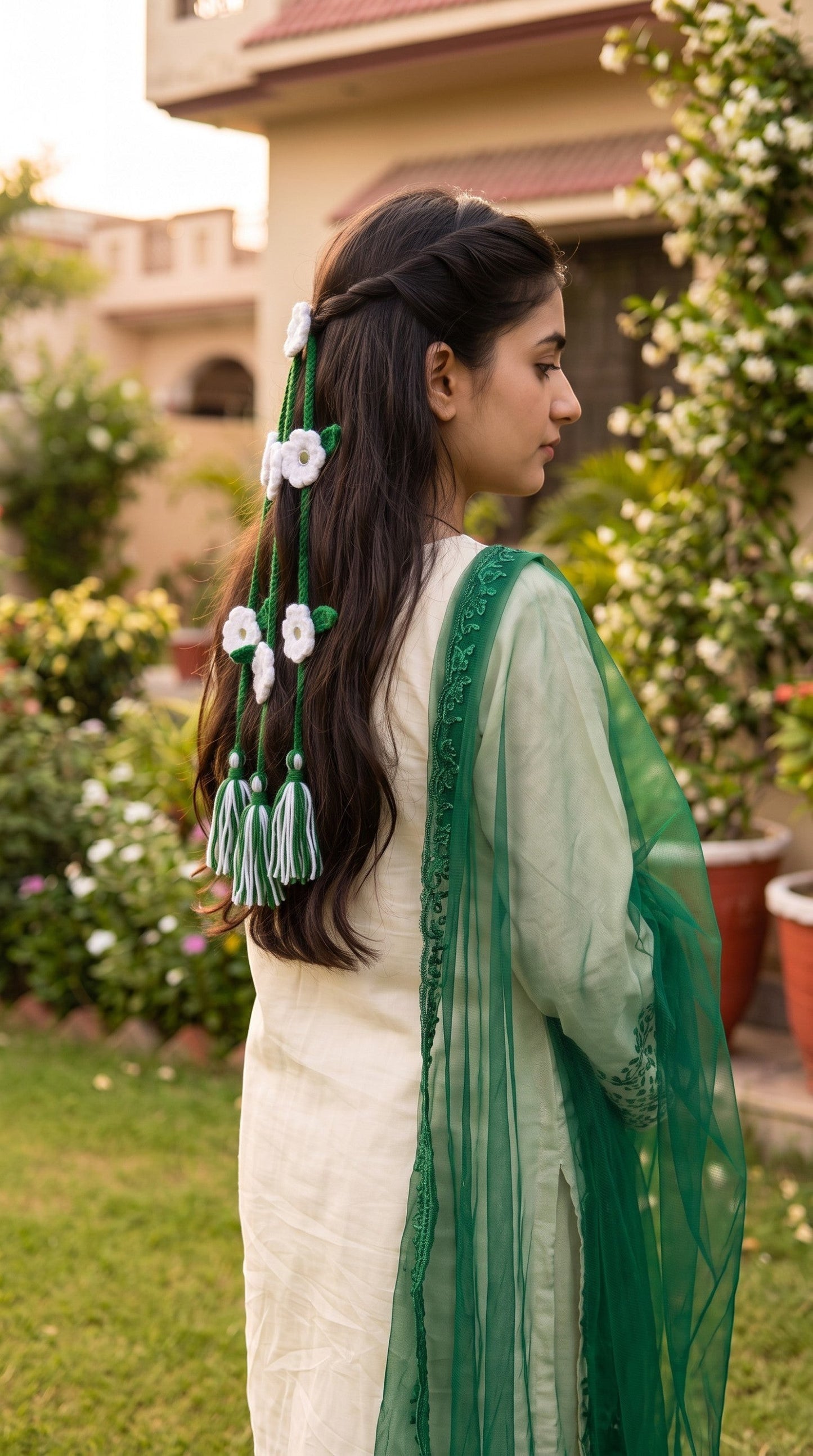 Lily green and white crocheted flower hair braids with mirror centers and tassels worn by a woman in a garden