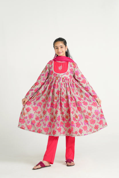 Lily grey floral print gathered kurta with hot pink yoke, embroidery, and silver trim, paired with matching pants and dupatta.