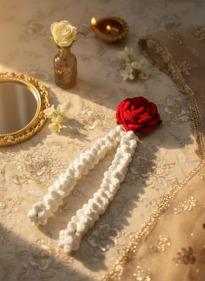 Lily handmade crochet hair accessory with a red rose and cream jasmine strands on a decorative fabric background
