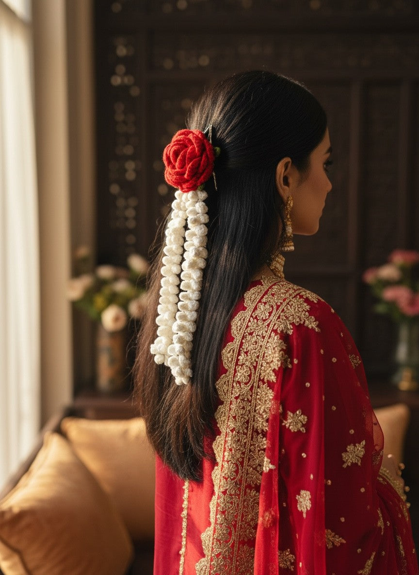 Lily handmade crochet hair accessory with a red rose and cream jasmine strands worn by a woman in a red ethnic outfit