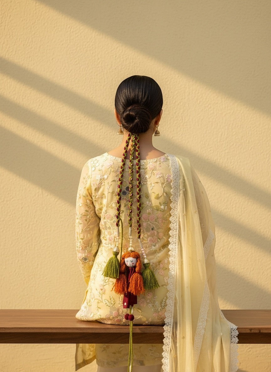 Lily handmade fabric doll tassel necklace with red polka dot dress, orange yarn hair, and green tassels.