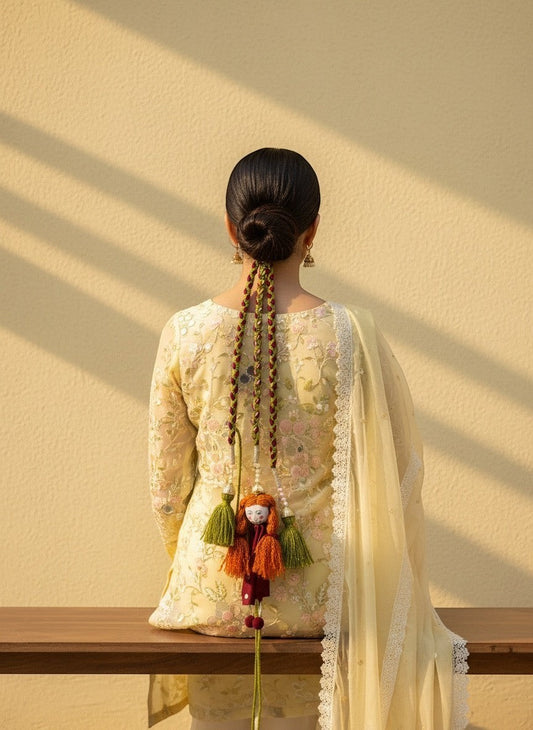 Lily handmade fabric doll tassel necklace with red polka dot dress, orange yarn hair, and green tassels.