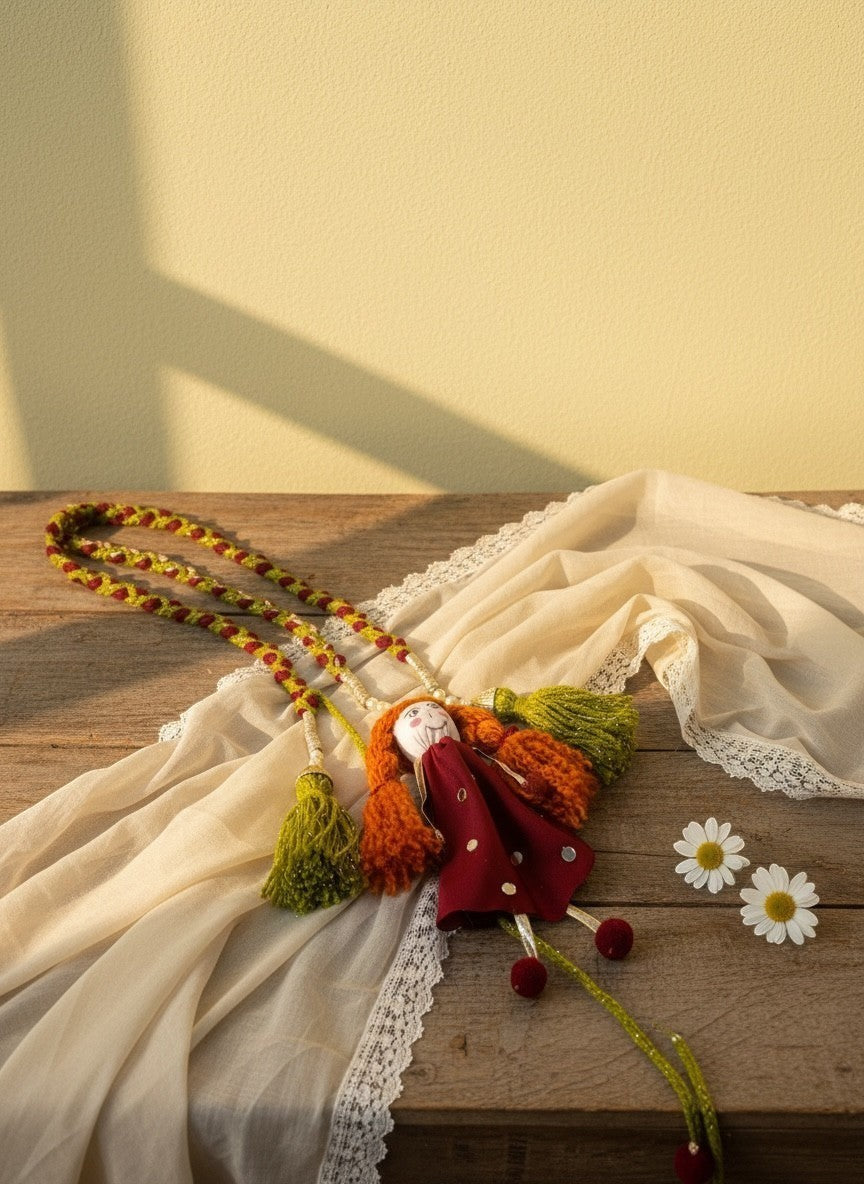 Lily handmade fabric doll necklace with red polka dot dress, orange yarn hair, green tassels, and red pom-pom feet.