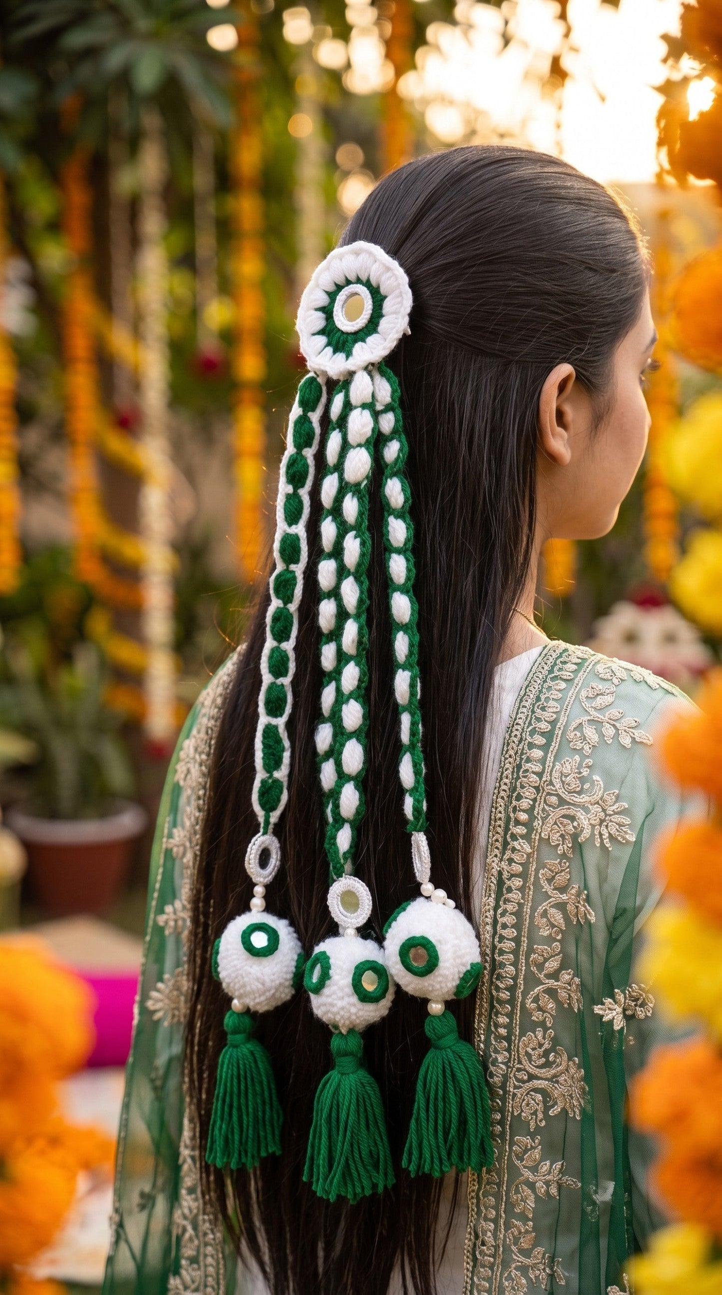 Lily Independence Day decorative hair braids in green and white crochet with mirror accents and soft yarn tassels.