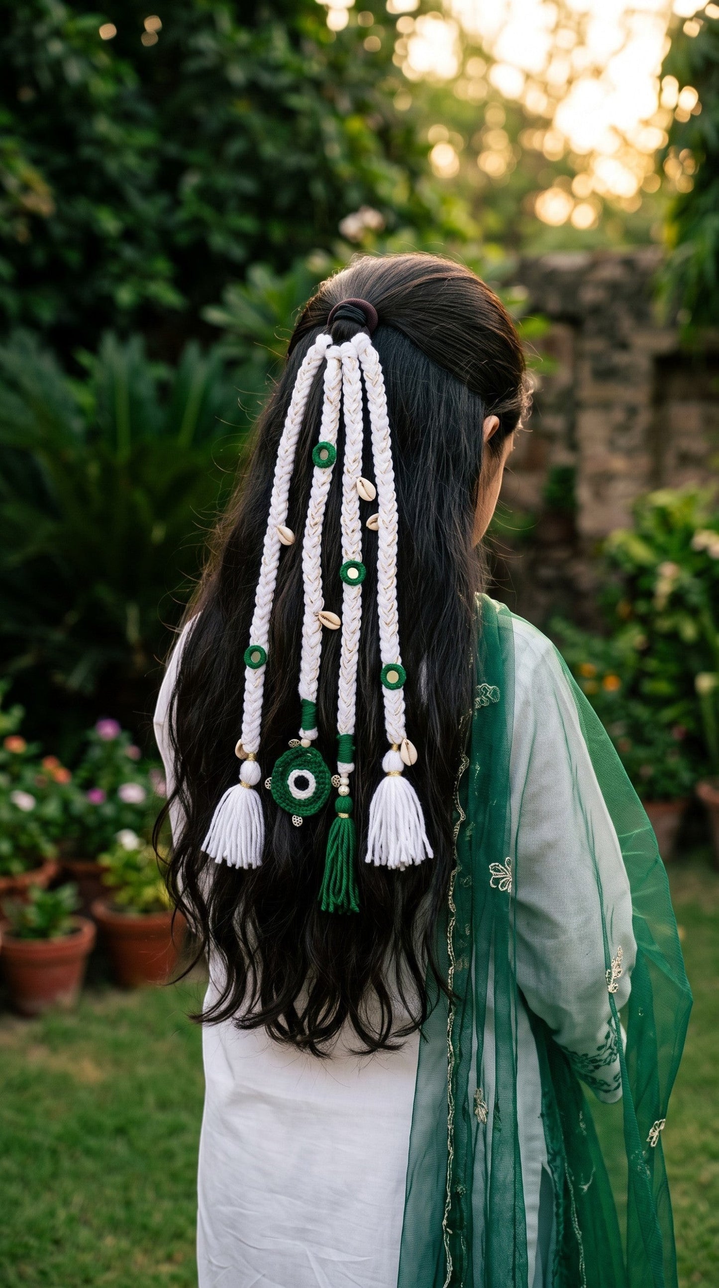 Lily Independence Elegance braided hair accessory in green and white with seashell accents and circular motifs