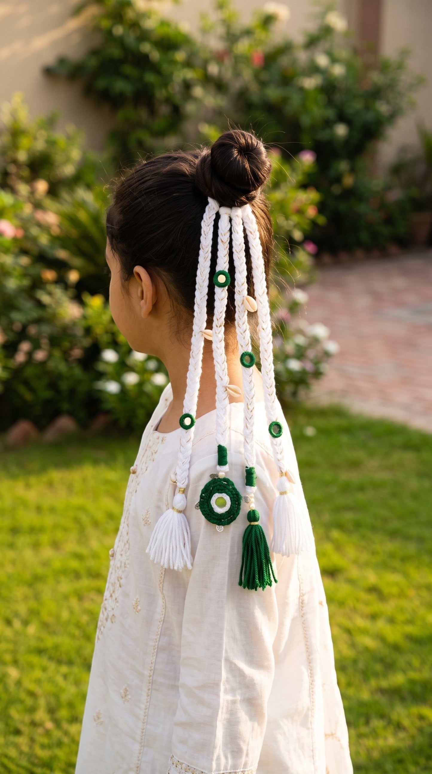Lily Independence Elegance braided hair accessory with green and white cords, seashells, and mirrors on a girl's bun