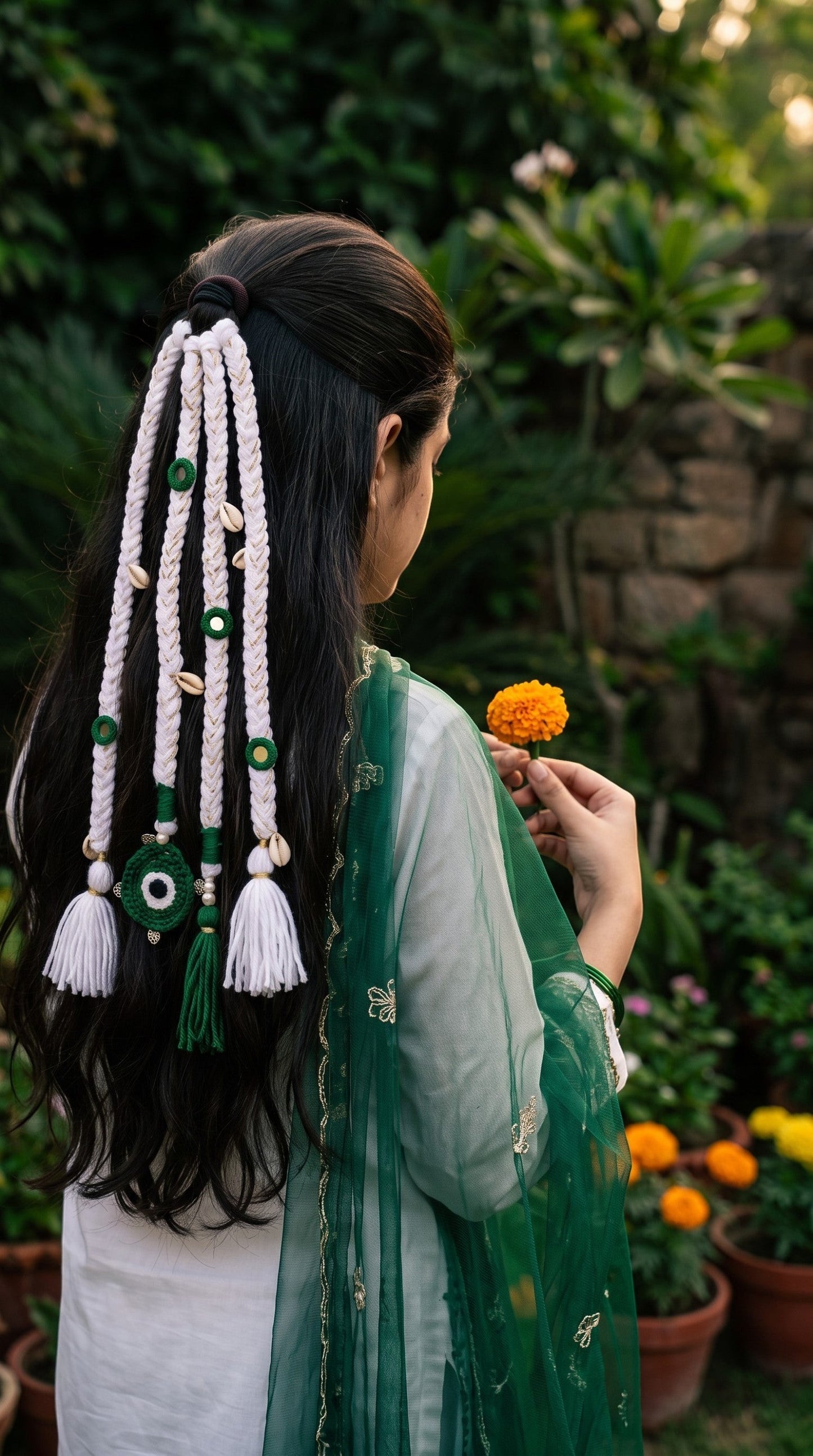Lily Independence Elegance braided hair accessory in green and white with seashell and mirror accents on a woman