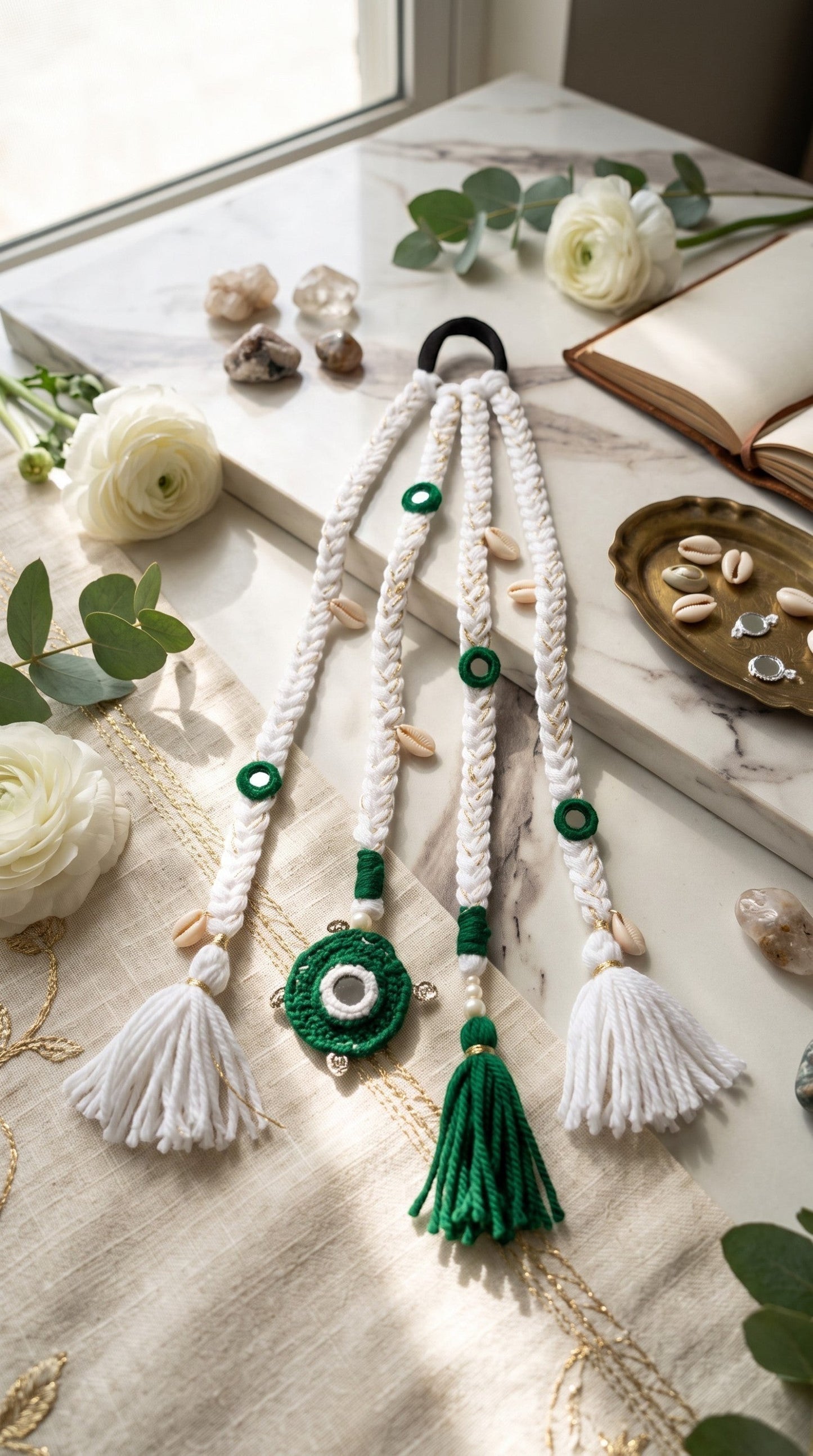Lily Independence Elegance Braids hair accessory in green and white with seashell accents and decorative mirrors.
