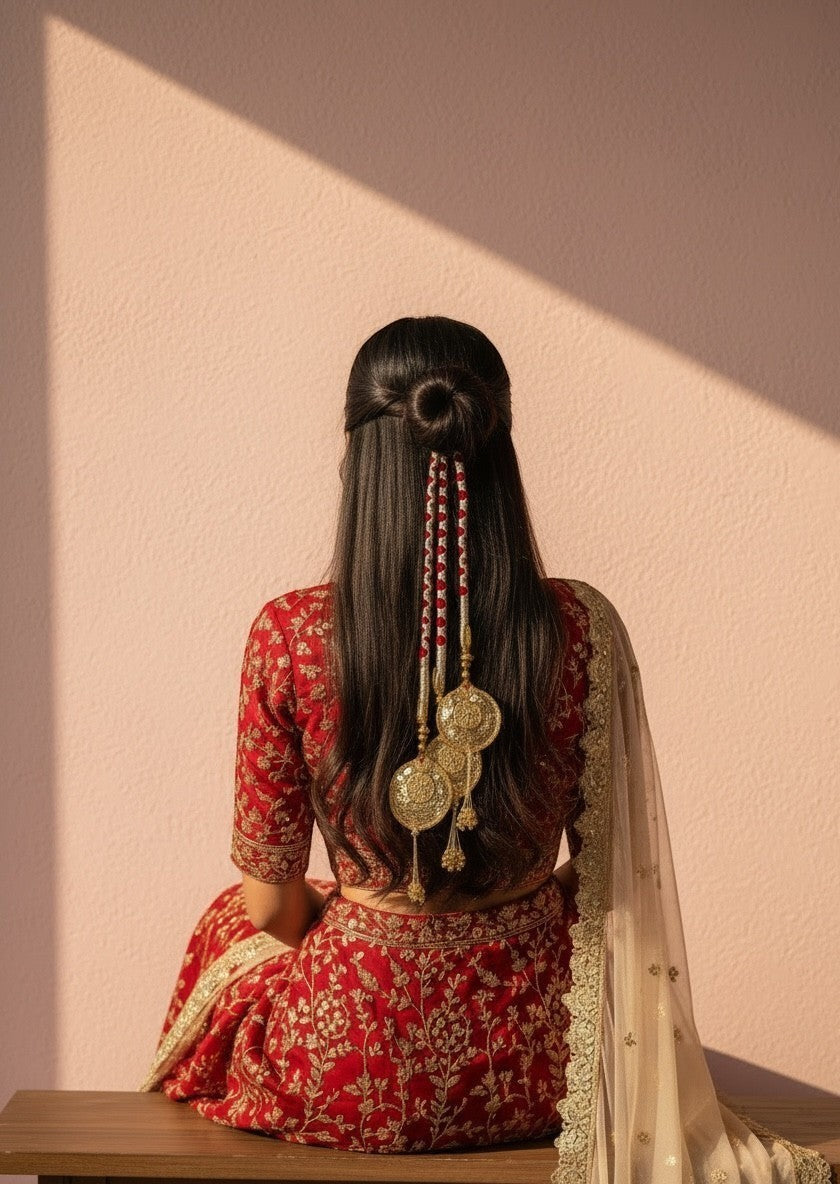 Lily traditional Indian bridal hair accessory with red and white braided cord and gold pendants with beadwork.
