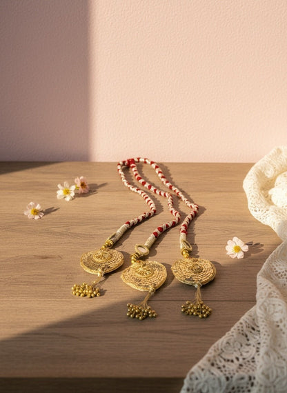 Lily traditional Indian bridal hair accessory with red and white braided cord, three gold pendants with beadwork and gold tassels.