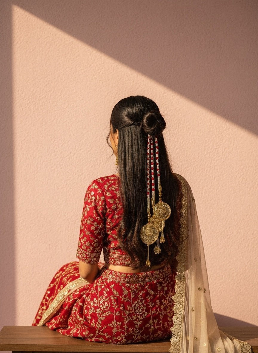 Lily Traditional Indian bridal hair accessory with red and white braided cord and gold pendants with beadwork.