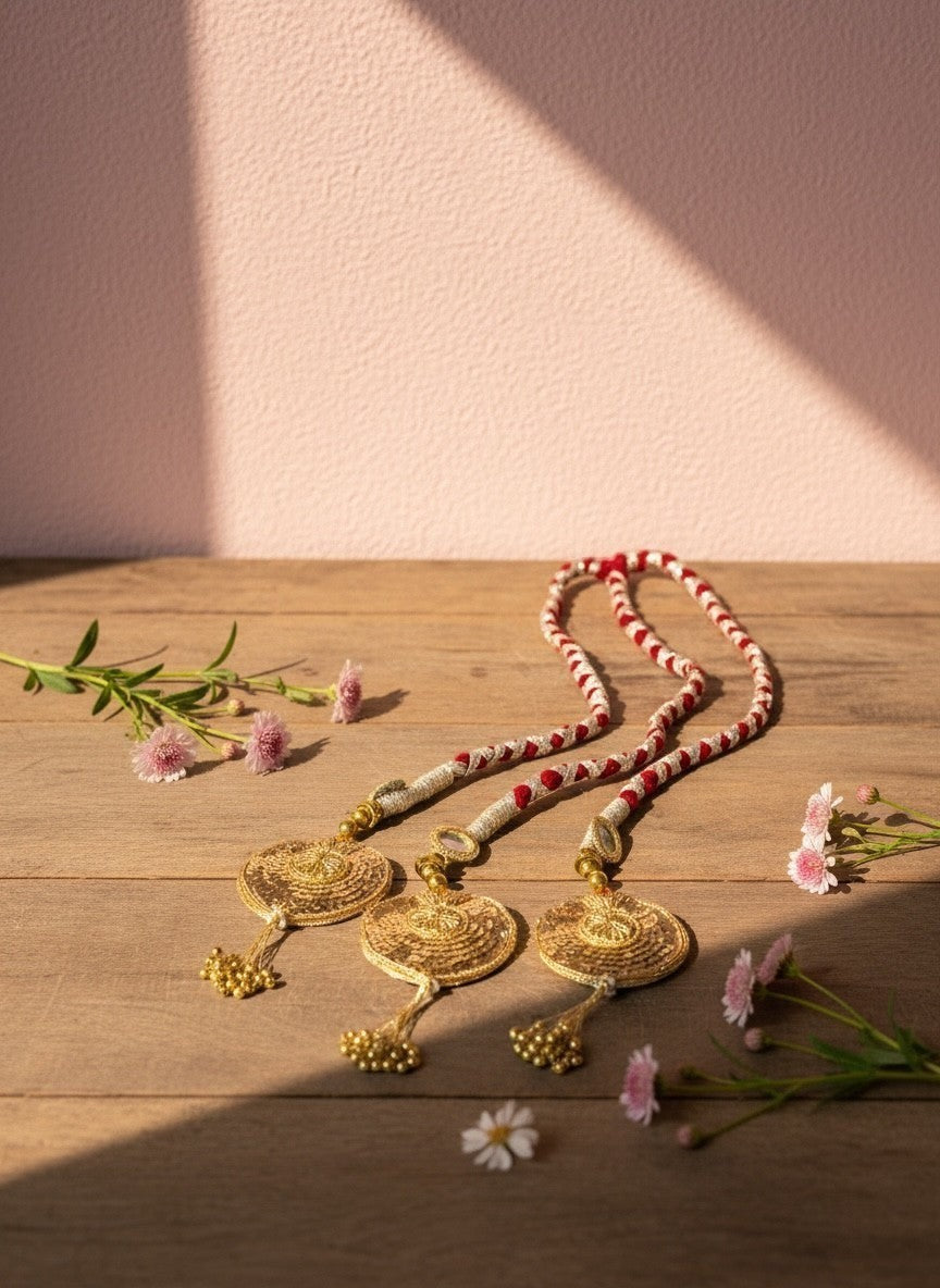 Lily traditional Indian bridal hair accessory with red and white braided cord, gold pendants, and bead tassels.