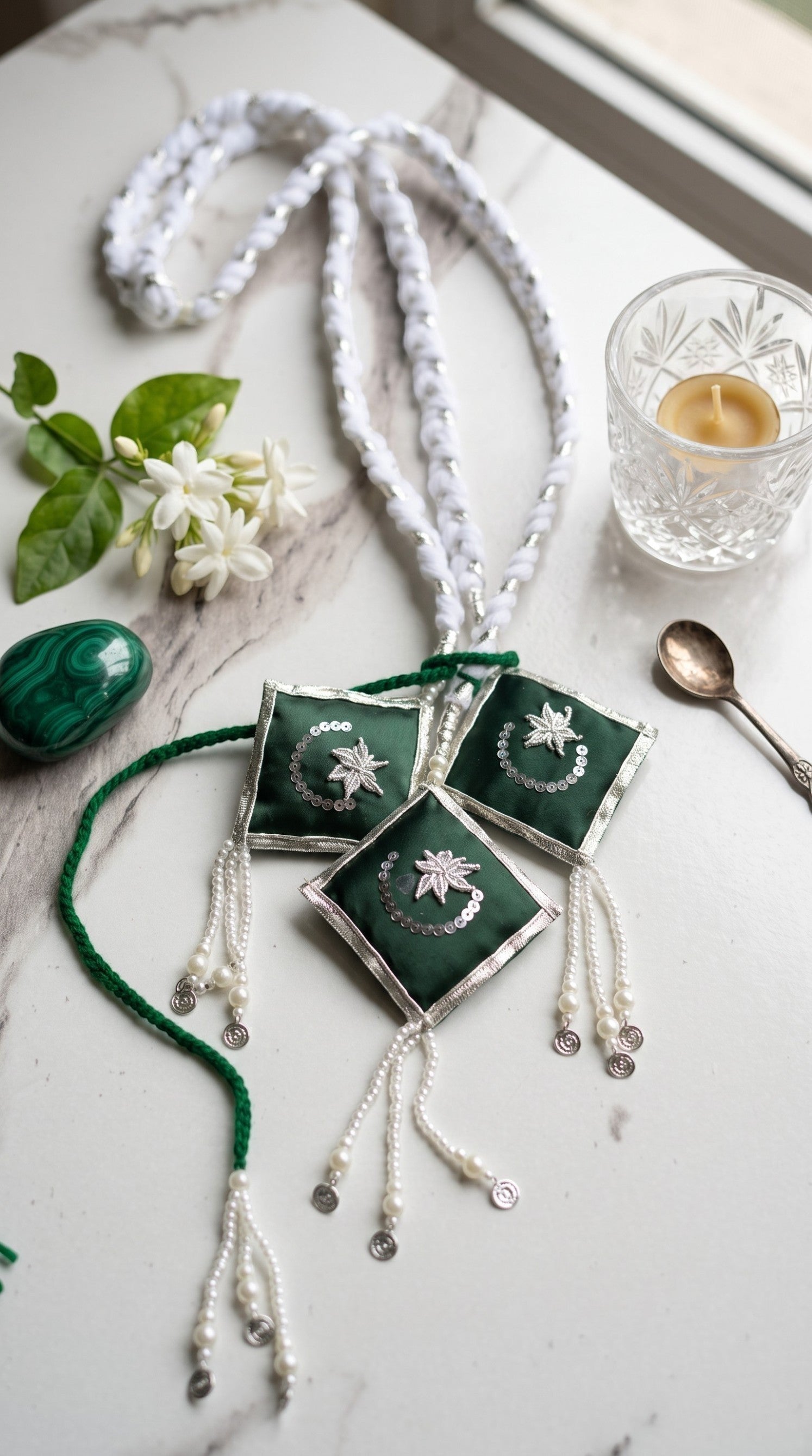 Lily Jashan-e-Azadi hair paranda in emerald green and white with embroidered crescent star motifs and pearl bead accents.