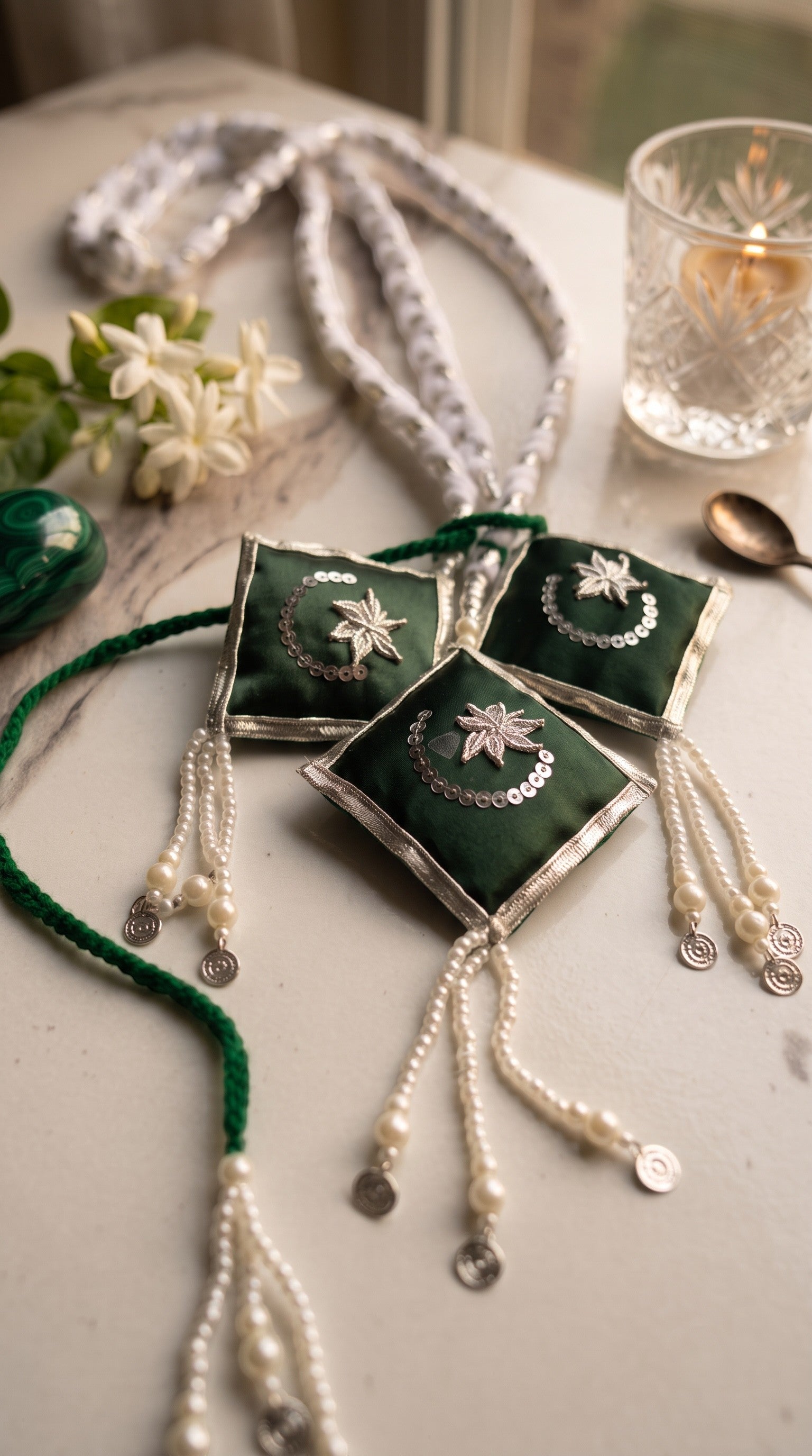 Lily Jashan-e-Azadi hair paranda in emerald green and white with embroidered star and crescent motifs and pearl beads.