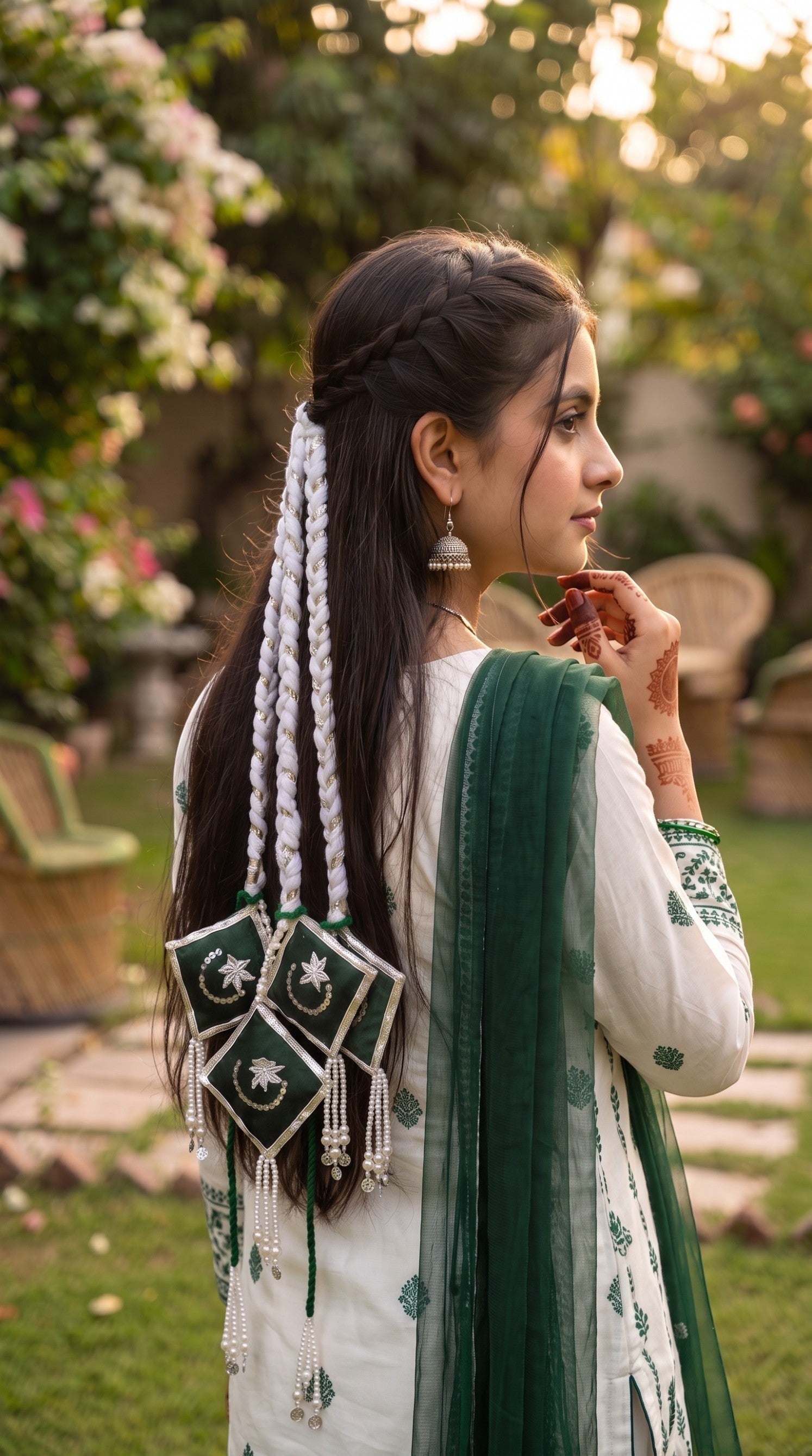 Lily Jashan-e-Azadi hair paranda in green and white with embroidered crescent star motifs, pearls, and silver charms.