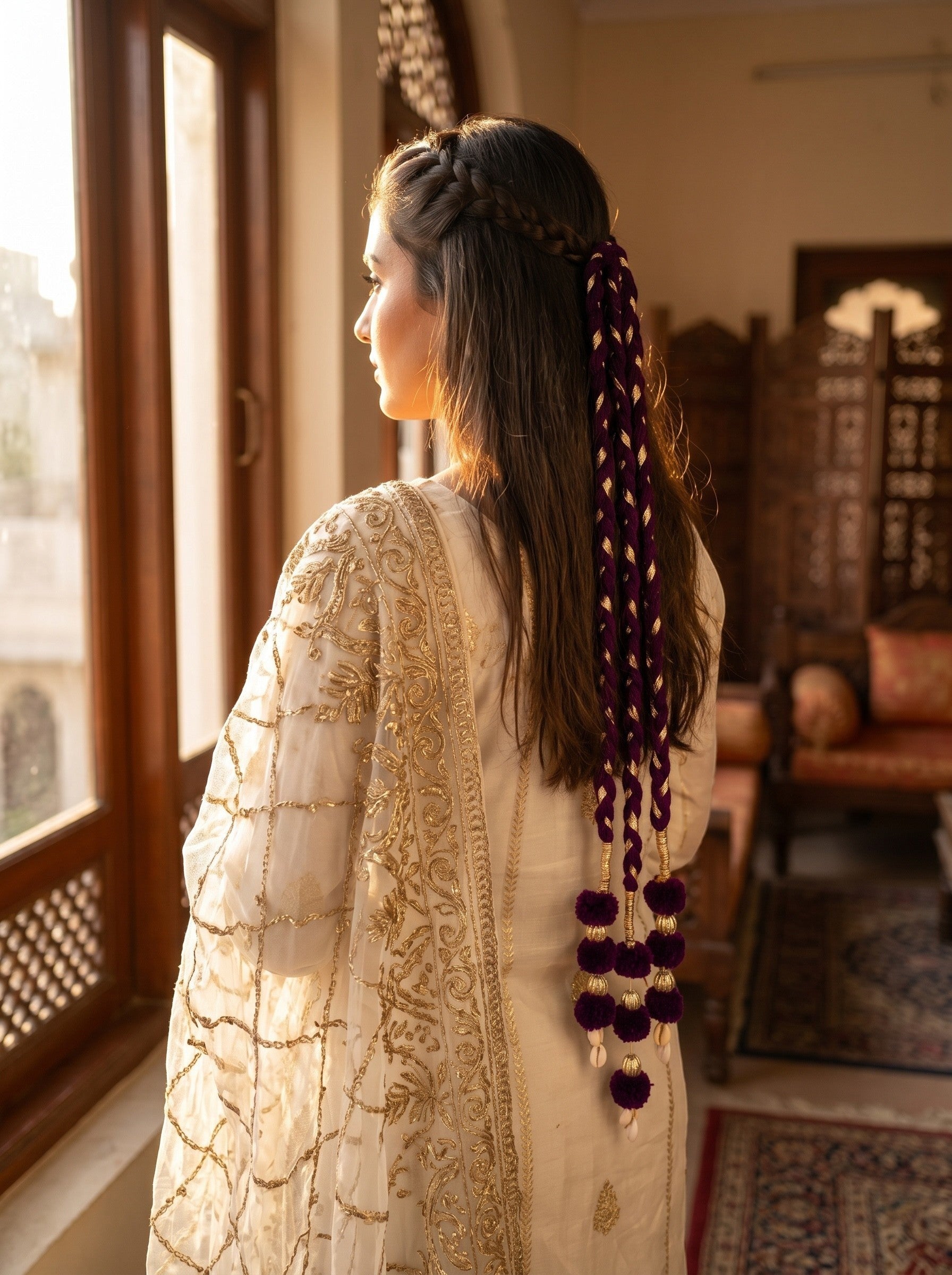 Lily Lavender Noor Paranda hair accessory with deep purple velvet, gold accents, pom-poms, and cowrie shells in a braid.