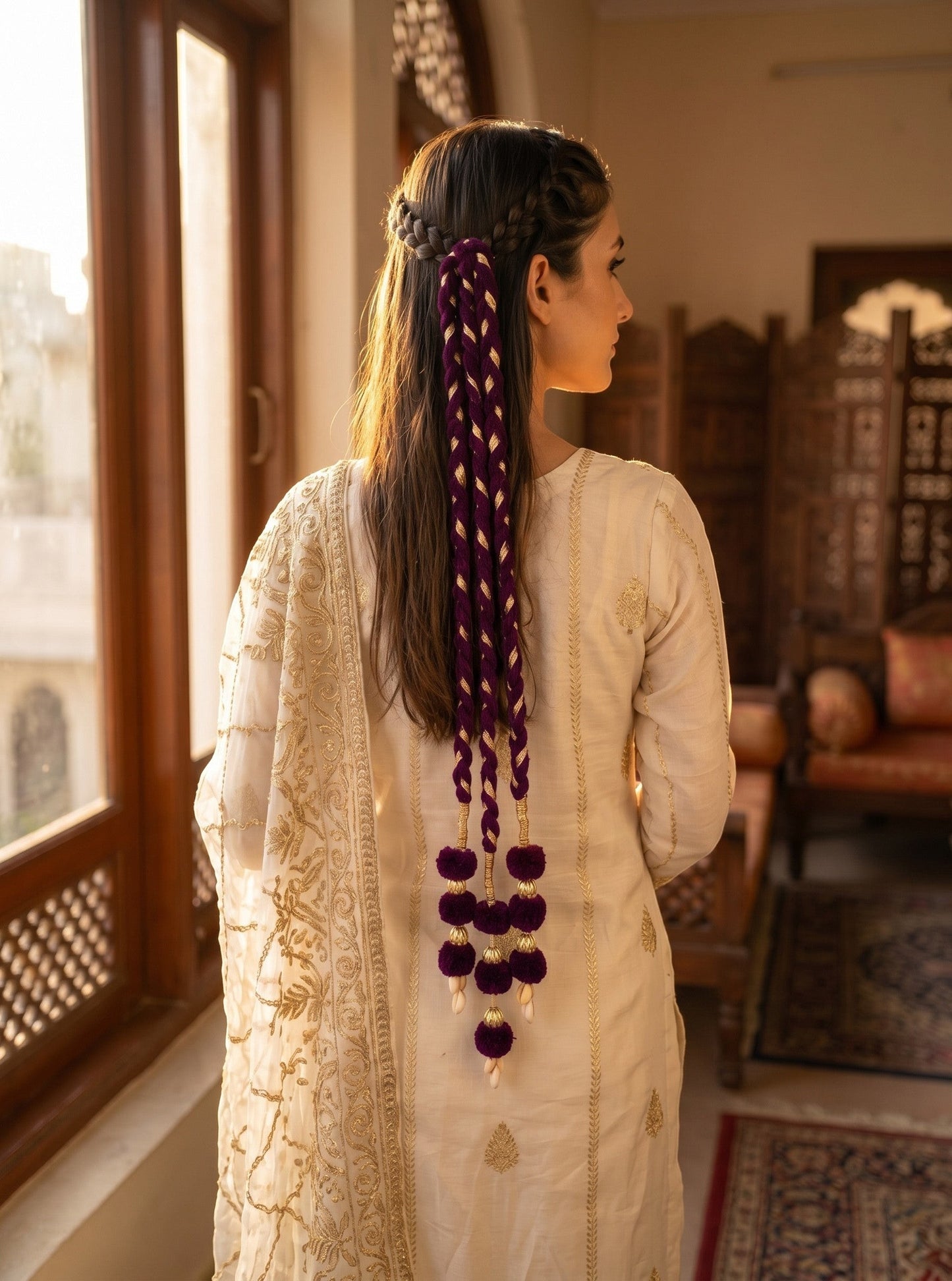 Lily Lavender Noor Paranda hair accessory with deep purple velvet, gold accents, pom-poms, and cowrie shells on a model