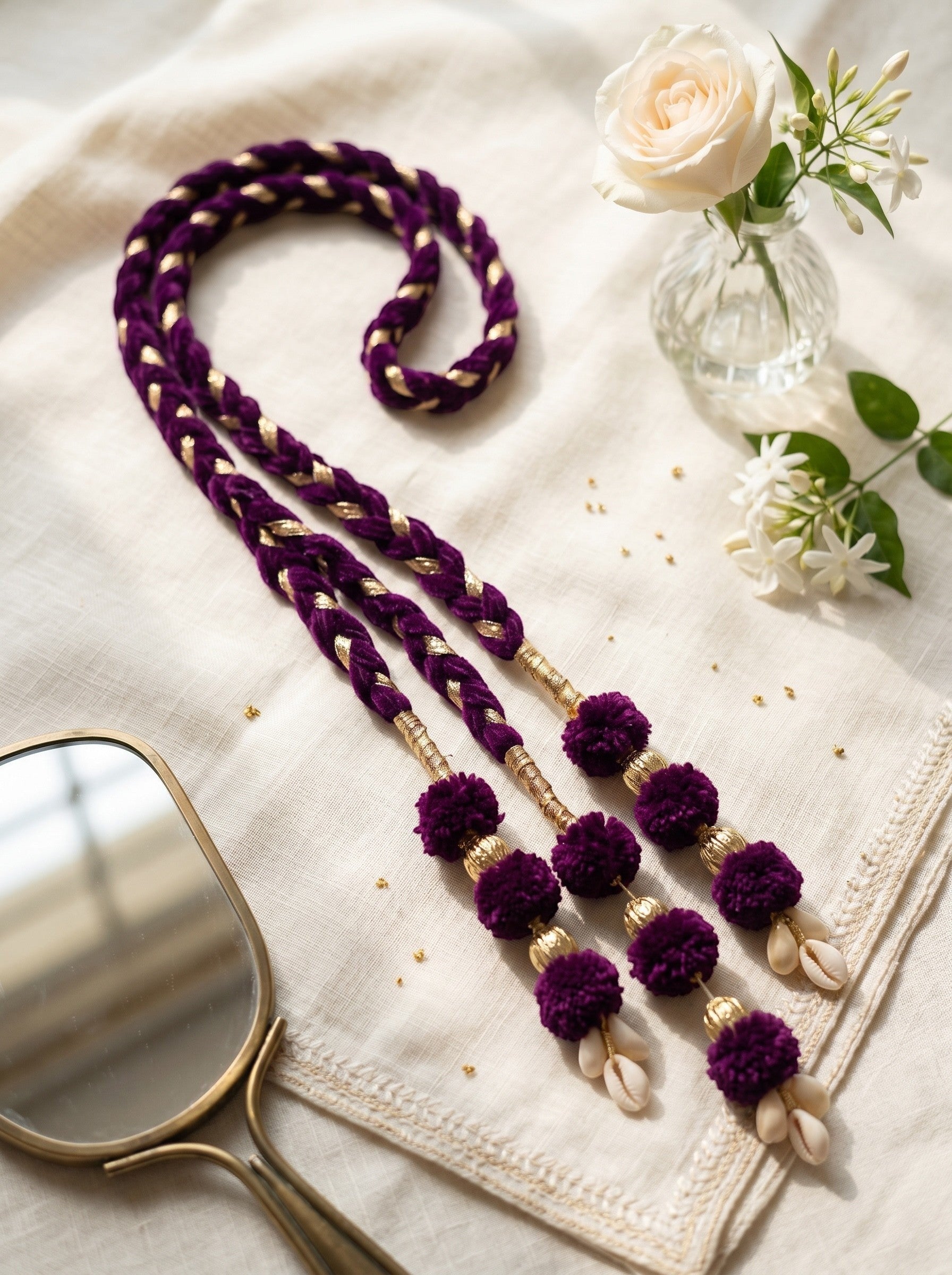 Lily Lavender Noor Paranda hair accessory in deep purple velvet with gold accents, pom-poms, and cowrie shell charms.
