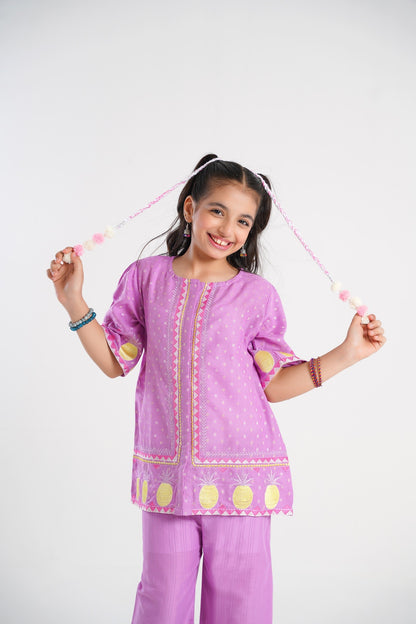 Lily lavender cotton kurta and pants set with embroidered pineapple motifs and polka dot pattern. Features wide-leg pants.