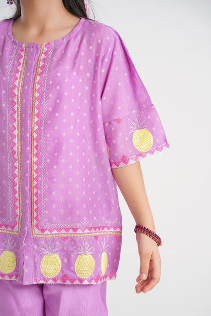 Lily lavender cotton top and pants set with embroidered pineapple motifs and polka dot pattern.