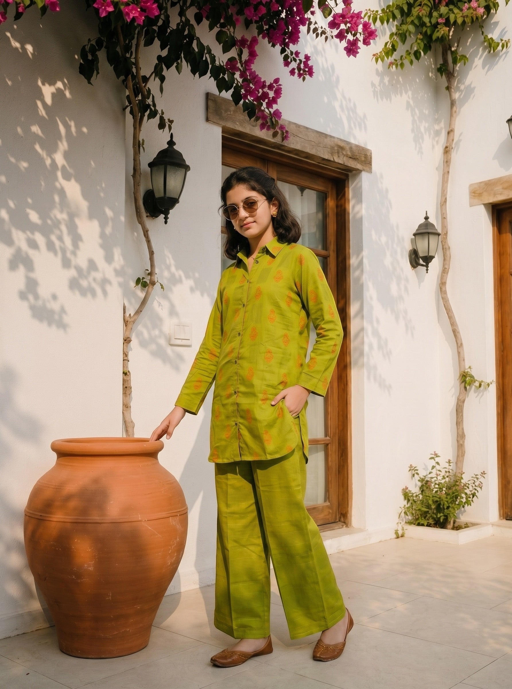 Lily lime green long sleeve shirt and wide leg trouser set with orange pattern worn by a woman outdoors.