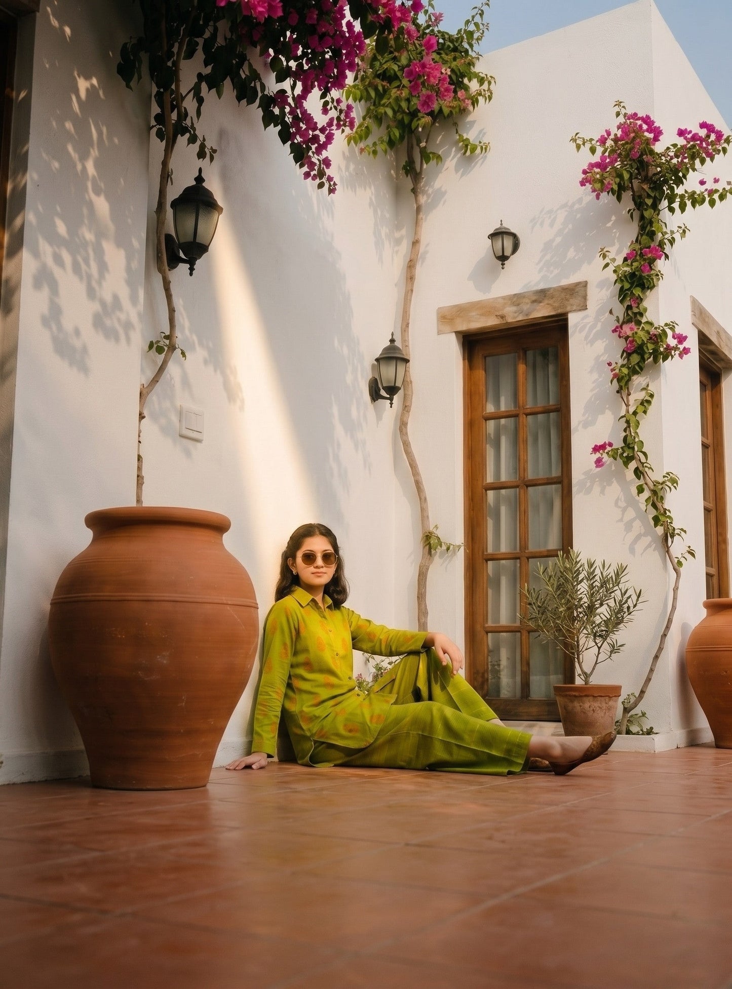 Lily lime green long sleeve shirt and wide leg trouser set with orange pattern worn by a woman on a terracotta patio