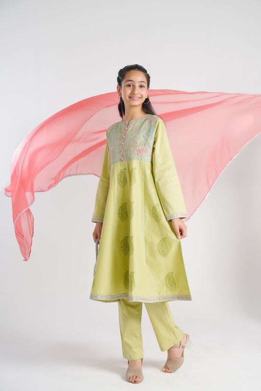Lily lime green embroidered kurta set for girls with pastel embroidery on neckline and coral pink dupatta. Includes matching pants.