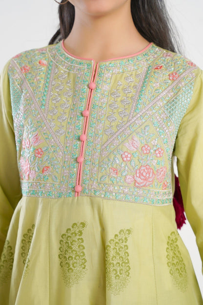 Lily lime green embroidered kurta set for girls with pink buttons and pastel embroidery. Includes pants and dupatta.