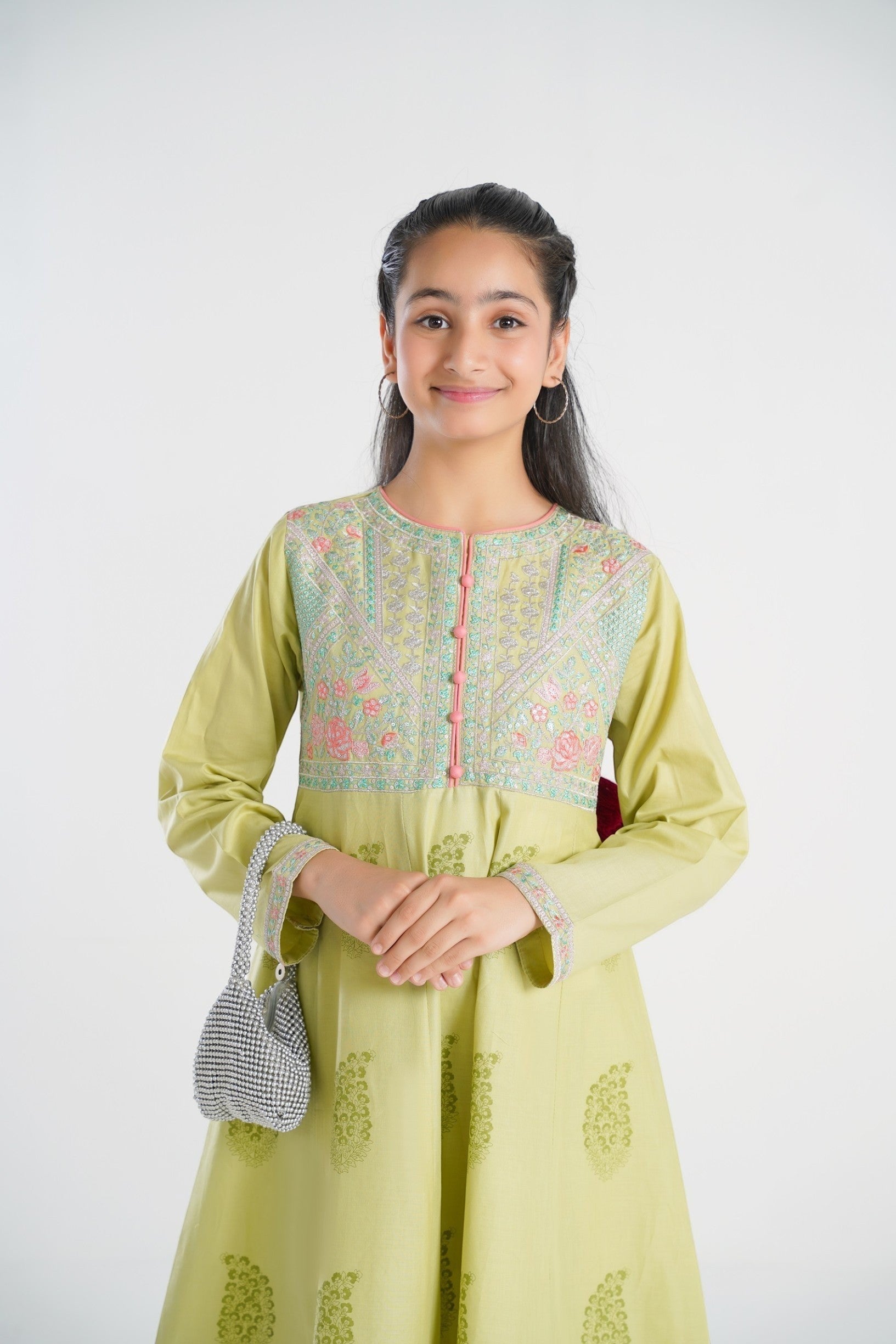 Lily lime green embroidered kurta set for girls with pastel embroidery on neckline and sleeves, pink buttons, matching pants and coral dupatta.