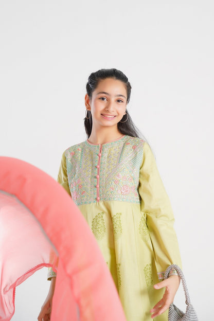 Lily lime green embroidered kurta set for girls with pastel embroidery on neckline and pink buttons. Includes pants and coral dupatta.