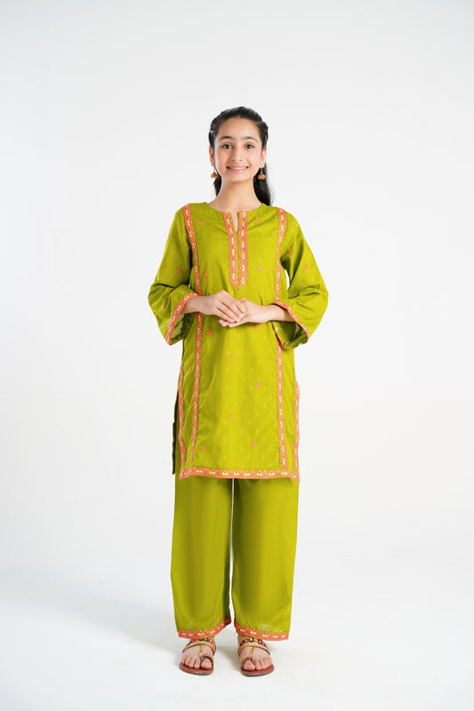 Lily lime green cotton kurta and trouser set with pink embroidery on neckline and sleeves. Relaxed fit, perfect for kids.
